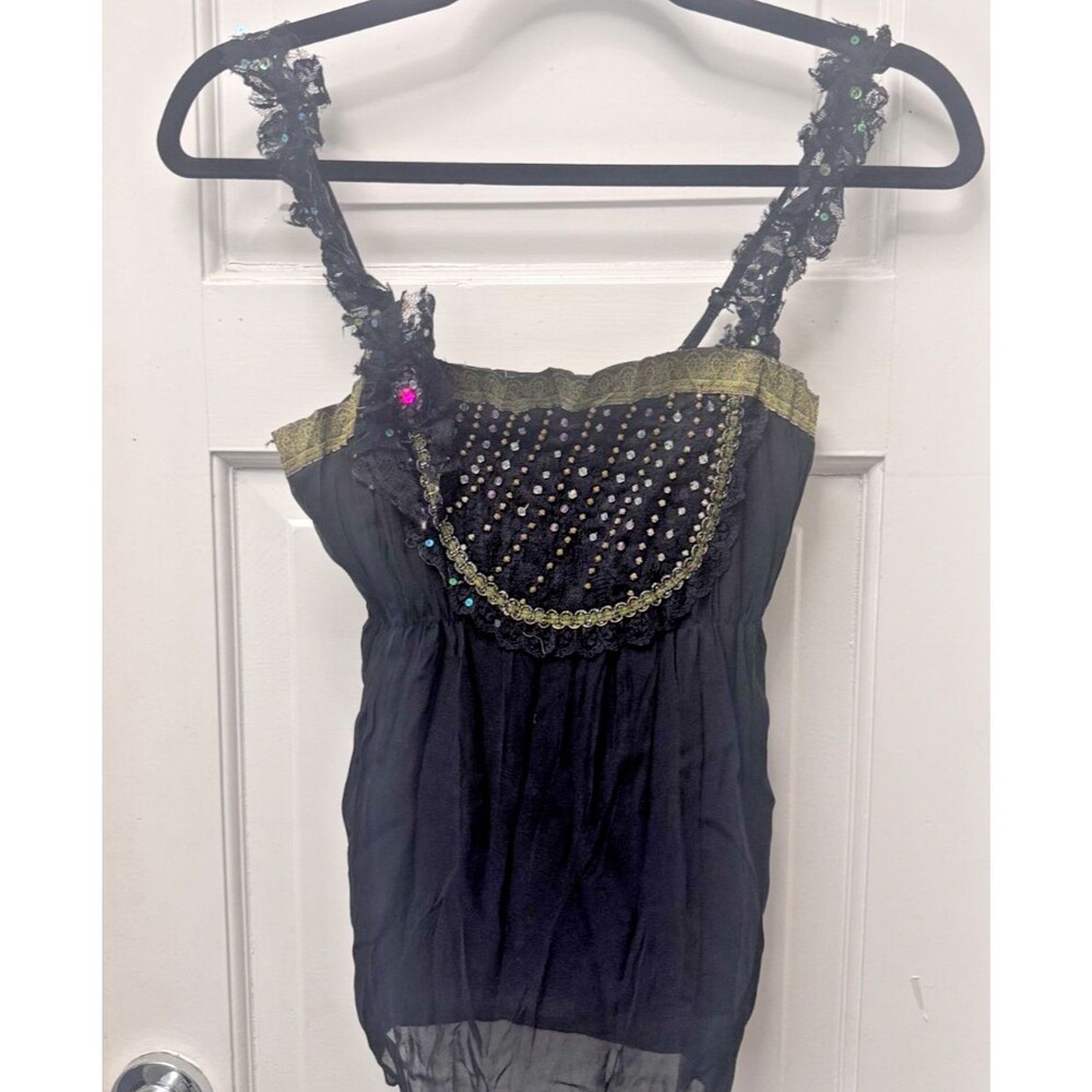 90s VTG Y2K Whimsigoth Coquette Fairy Ruffle Silk Tank Sheer Winter Layer Med